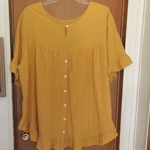 Size 5XL Mustard Yellow Button-Down Ruffle Top